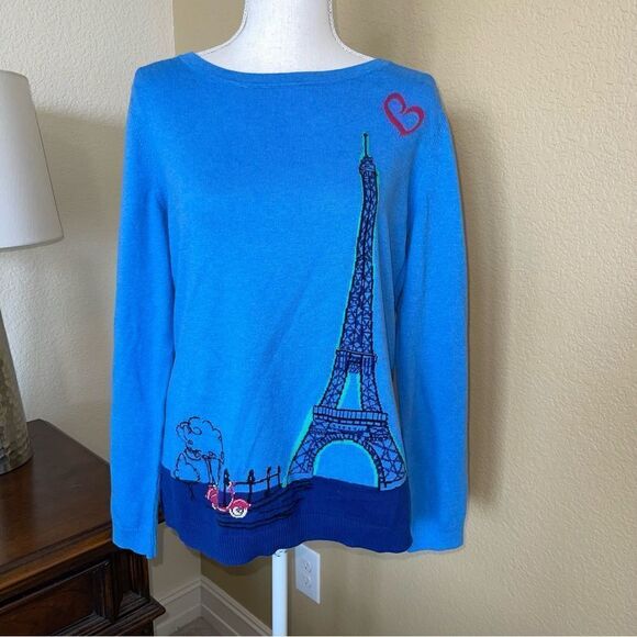 Talbots Paris Blue Eiffel Tower Intarsia Sweater Pullover Small Petite - Picture 1 of 3